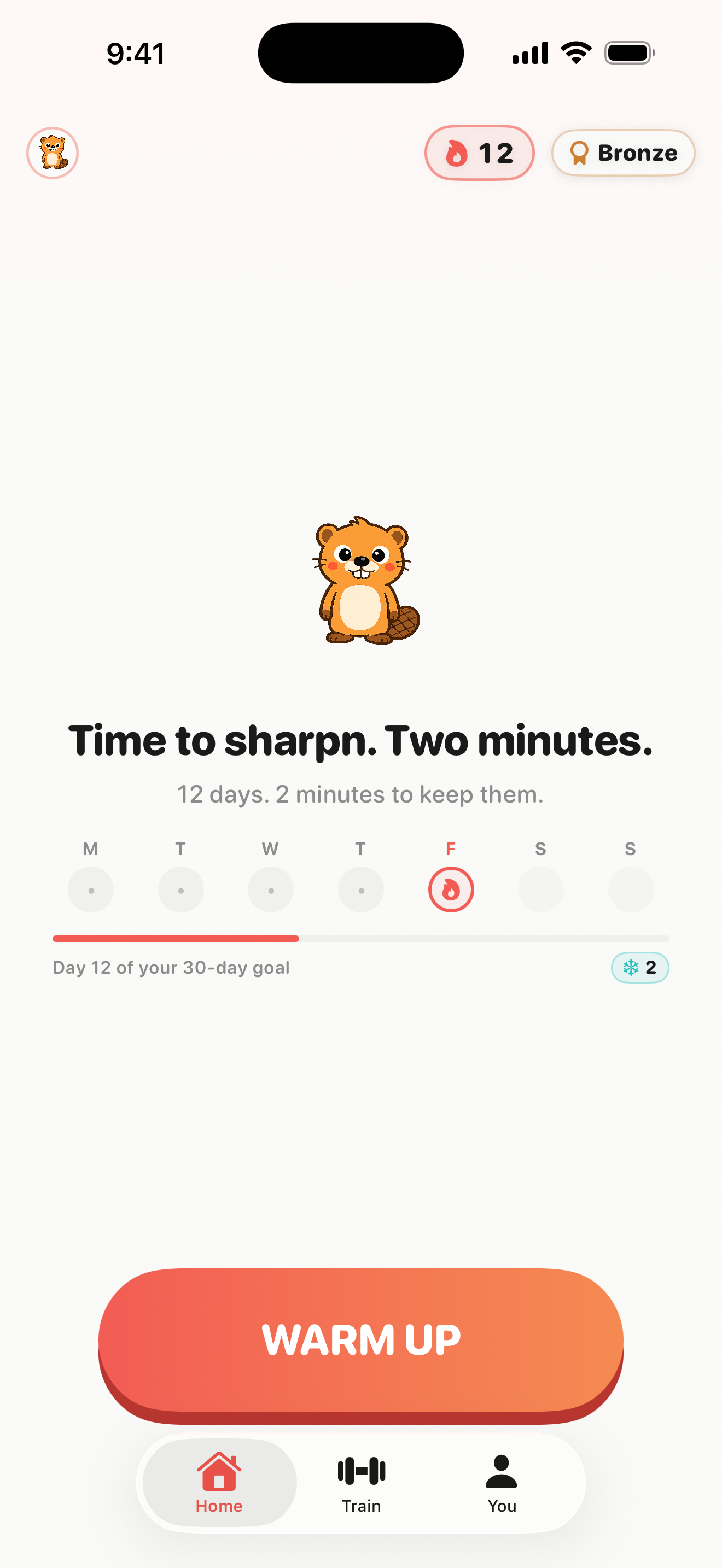 Sharpn app home screen showing a daily brain warm-up and progress